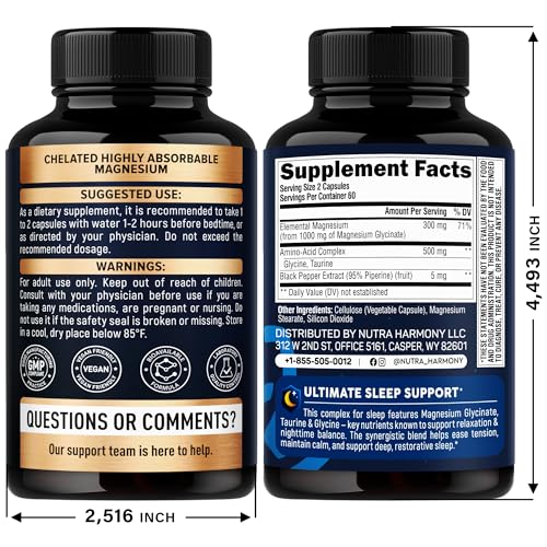 Magnesium Glycinate - Sleep & Relaxation Support - Extra Strength Glycinate, Glycine & Taurine 1500 mg - Magnesium Supplement for Women & Men - Chelated & High Absorption - Made in USA - 120 Capsules