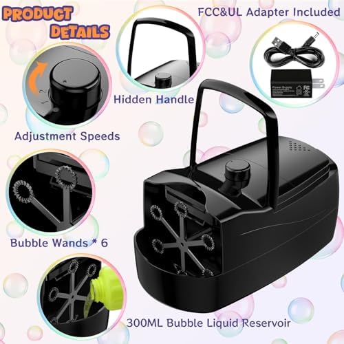 Bubble Machine - 18000+ Bubbles Per Minute, 2 Speed Settings, Battery/USB Powered Outdoor Bubble Blower for Toddlers, Birthday Parties, Weddings (Black)