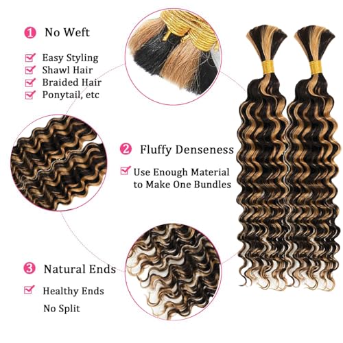 Human Braiding Hair 2 Bundles 28Inch Deep Wave Bulk for Braiding No Weft Curly Boho Braids 12A Brazilian Virgin Hair Extensions 1B/27 100g