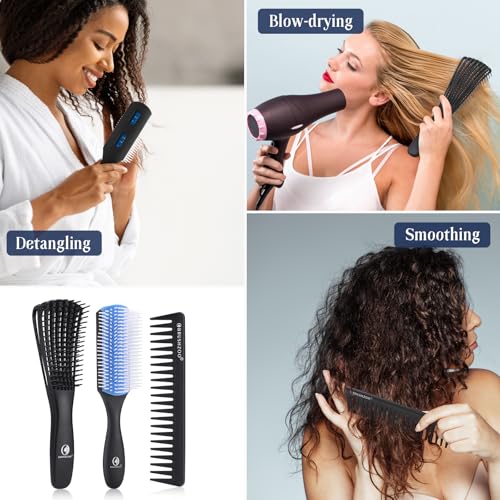 Hair Brush Set, Includes Detangling Brush, Classic 9 Row Brush, Wide Tooth Comb Brush, Hair Spray Bottle - For Women Men Kids Curly Hair