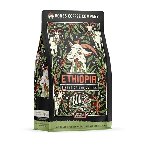 Bones Coffee Company Ethiopia Single-Origin Coffee Beans, Whole Bean Coffee Light Roast Gifts Low Acid Gourmet Citrus, Floral, Berries Notes (12 oz)