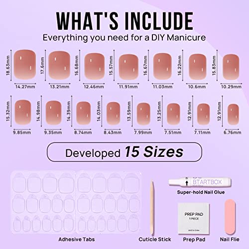 BTArtbox Press On Nails Short - Glue on Nails Square, Soft Gel Light Weight Fake Nails with Glue, Reusable Semi-Transparent Stick On Nails in 15 Sizes, Hot Cocoa