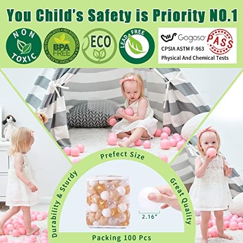 Ball Pit Balls with Starballs 100 - Crushproof Plasticballs for Babies Toddlers Kids Children for 1 2 3 4 5 Years Old,5 Colors,2.15inches, Beige Gold White Clear