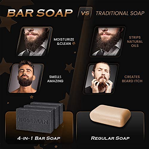 6 Pack Bossman Mens Bar Soap 4-in-1 All Natural Organic Beard Wash, Shampoo, Body Wash, Shaving and Bath Soap - Essential Beard Care, Scent- Eucalyptus and Tea Tree