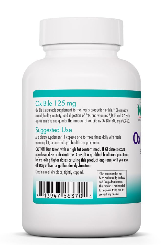 Nutricology Ox Bile 125 mg - Supports Fat Digestion - Delivers 125 mg Concentrated Bile Salts per Serving - Hypoallergenic & Vegetarian - 180 Servings - 180 Capsules