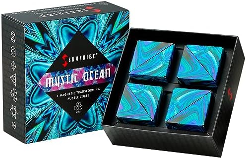 Shashibo Shape Shifting Box - Award-Winning, Patented Fidget Cube w/ 36 Rare Earth Magnets - Transforms Into Over 70 Shapes, Gift Box, Download Fun in Motion Toys Mobile App (Mystic Ocean, 4 Pack)
