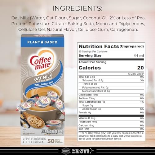 Vanilla Oat Milk Creamer Singles, 50 Count Box (Pack of 2) with ZESTI 20ML Spoon – Plant-Based, Non-Dairy, Vegan, Gluten-Free