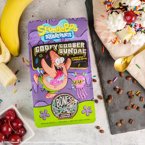 Bones Coffee Company Spongebob Goofy Goober Sundae Flavored Coffee Beans, Whole Bean Coffee Medium Roast Low Acid, Banana Split Flavor (12 oz)