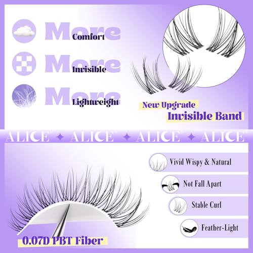 ALICE Cluster Eyelash Extension Kit Natural Wispy Lash Clusters Kit Lash Extension Kit Clear Band 168pcs C Curl 11-13mm Individual Lashes with Lash Glue Bond and Seal Self Application at Home