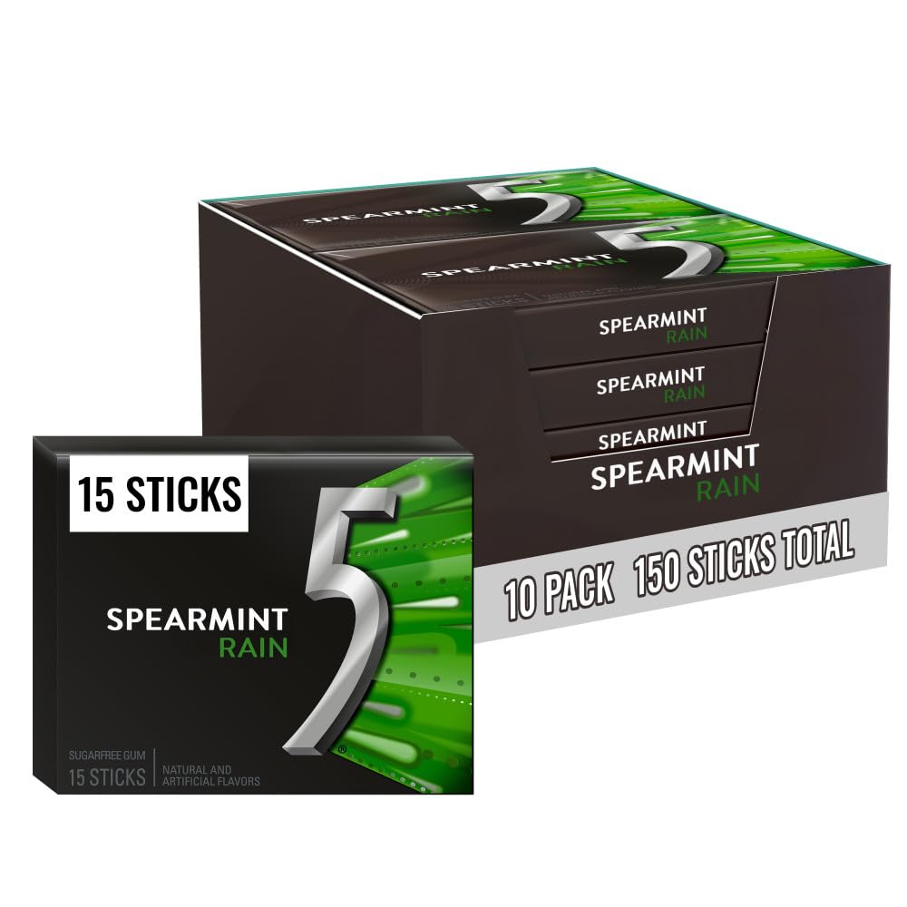 5 GUM Spearmint Rain Sugar Free Chewing Gum, Bulk, 15 Stick, 10 Pack