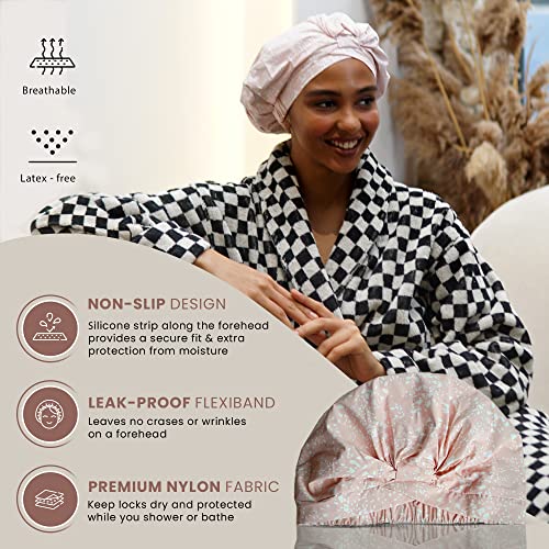 Reusable Shower Cap for Women Reusable Waterproof – Leakproof, Nonslip Hair Cap for Shower w/Comfy Flexiband – Soft, Breathable, Durable Shower Caps by SMPL OBJECTS (Blush)