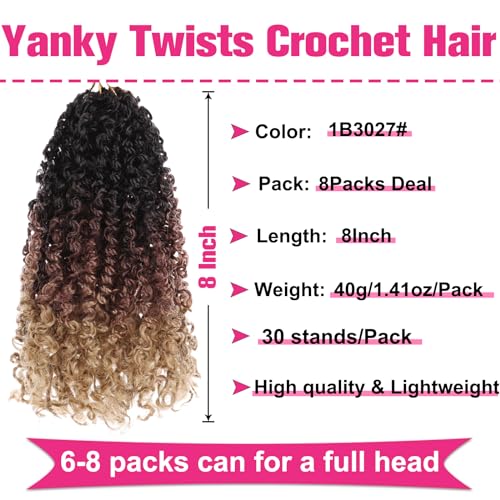 Unionbeauty Pre-twisted Yanky Twist Crochet Hair 8Inch 8 Bundles Pre-looped Passion Twist Crcochet Braids Hair with Bouncy Ombre Brown to Blonde Micro Twist Synthetic Braiding Hair Extensions 1B3027#