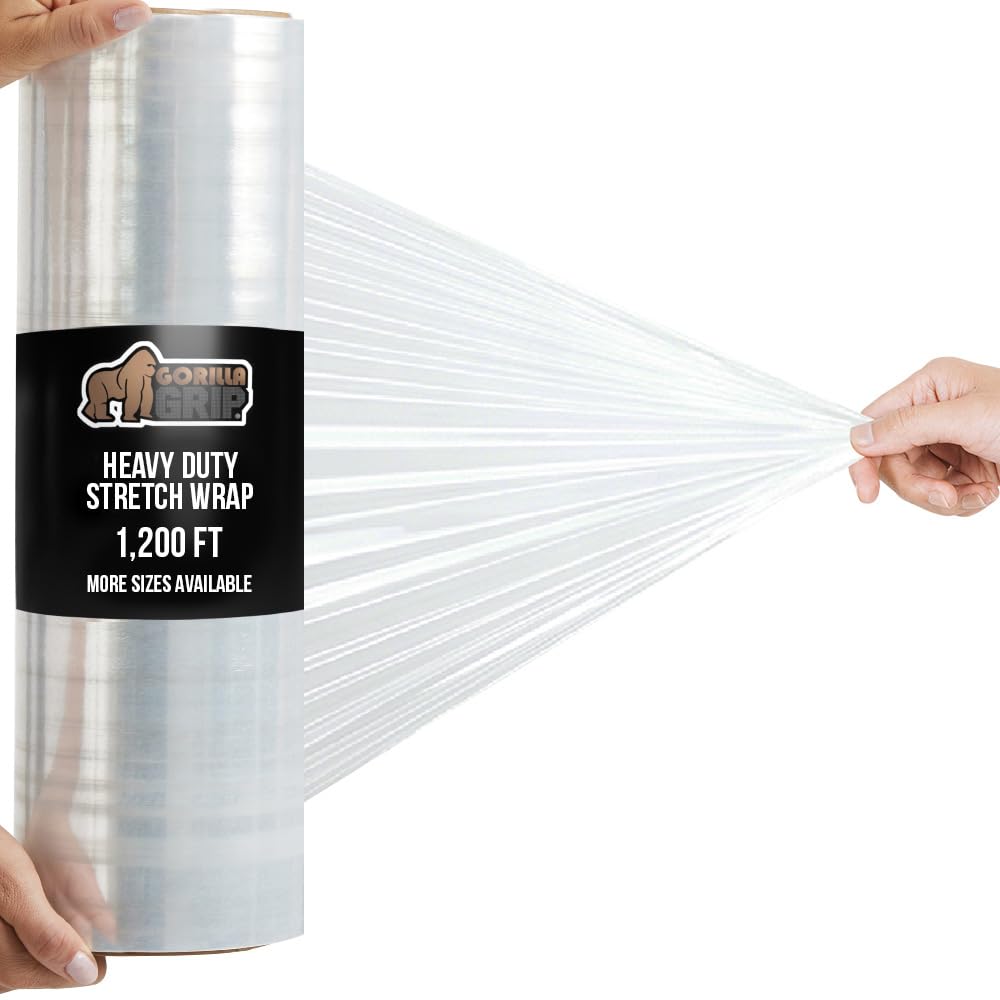 GORILLA GRIP 500% Stretch Film Heavy Duty Plastic, 1200ft Shrink Wrap Roll 17" Puncture Resistant, Industrial Strength for Shipping, Pallet Storing, Moving, Packing Furniture Protection 1 Pack Clear