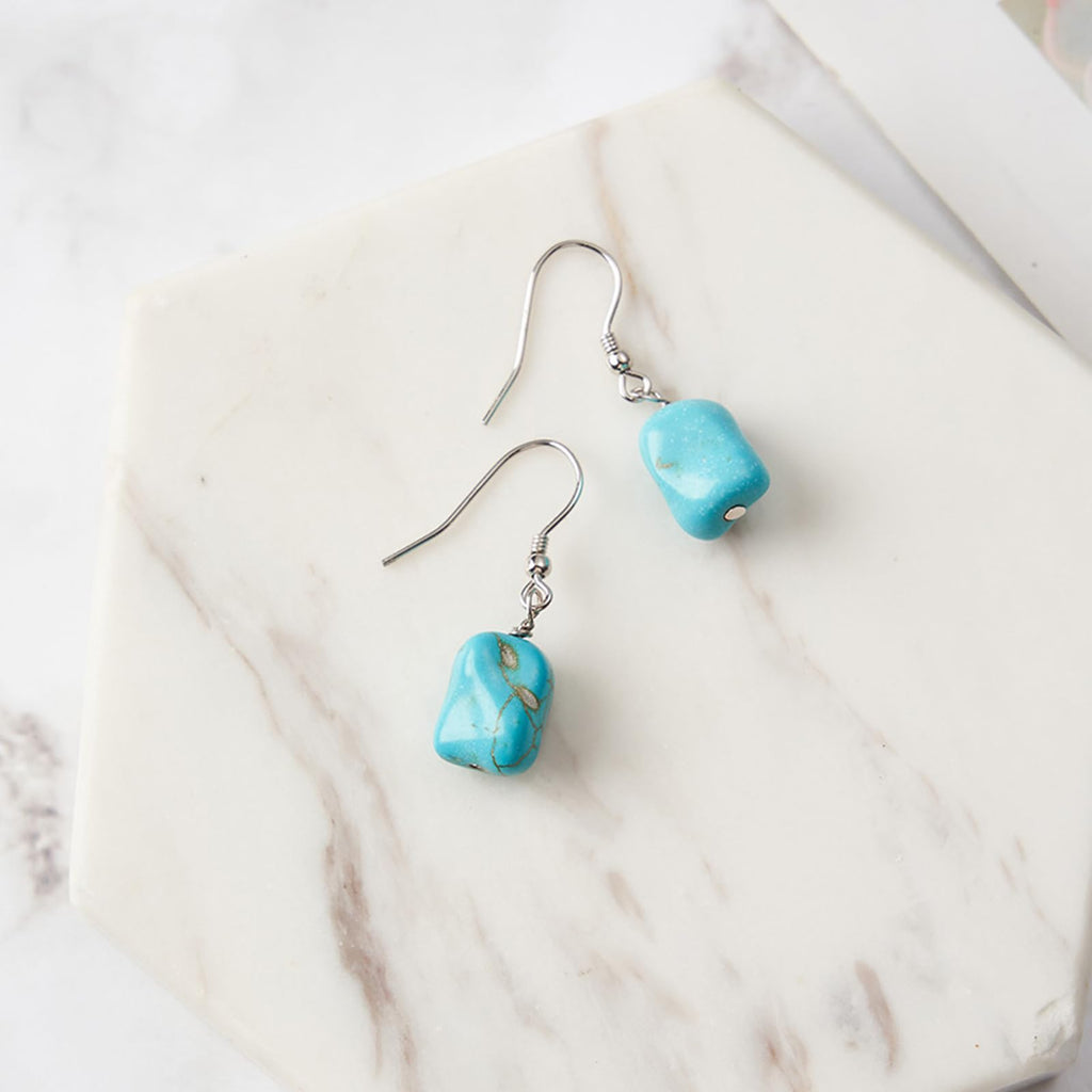 Turquoise Dangle Earrings, White Gold, 925 Sterling Silver