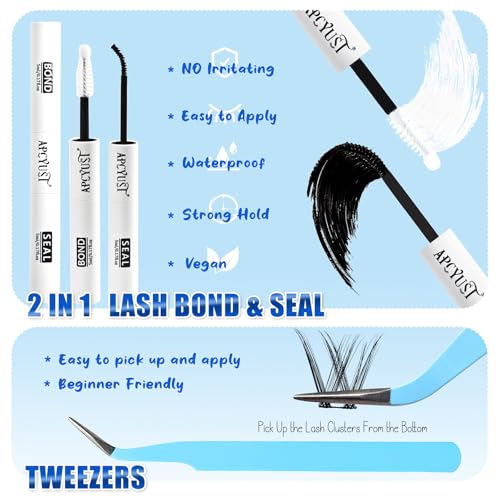 Lash Clusters Kit 9mm-16mm Eyelash Clusters C curl Lash Extension Kit Individual Lashes Cluster DIY Wispy Volume Lashes Natural Eye Lash Clusters False Mink Lash Trays with Lash Bond&Tweezers
