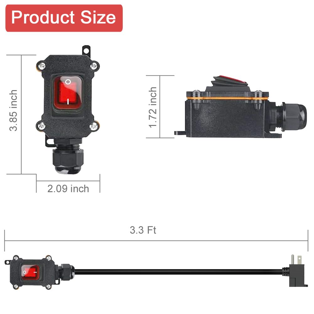 Inline Cord Switch with 3.3FT 14AWG Cable Piggyback Plug(3-Pronged), IP67 Waterproof Extension Cord with On/Off, AC/DC 20A-125V Inline Power Switch with Red LED Rocker Button