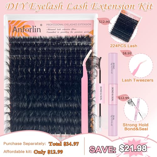 Fluffy Lash Clusters Kit 10-20mm Thick 200D Cluster Eyelash Extensions 224 Pcs D Curl Mega Volume Eyelash Clusters False Eyelashes with Lash Bond and Seal Lash Tweezers DIY at Home, by Anforlin