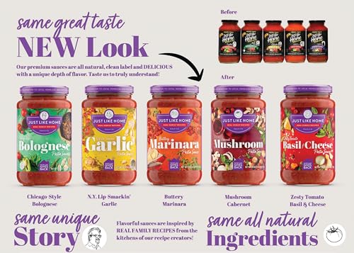Just Like Home Premium Pasta Sauce 25oz - Mushroom Cabernet - Versatile & Socially Responsible Tomato Sauce - Thick Homemade Taste - All-Natural Non GMO Ingredients - Preservative & Gluten-Free