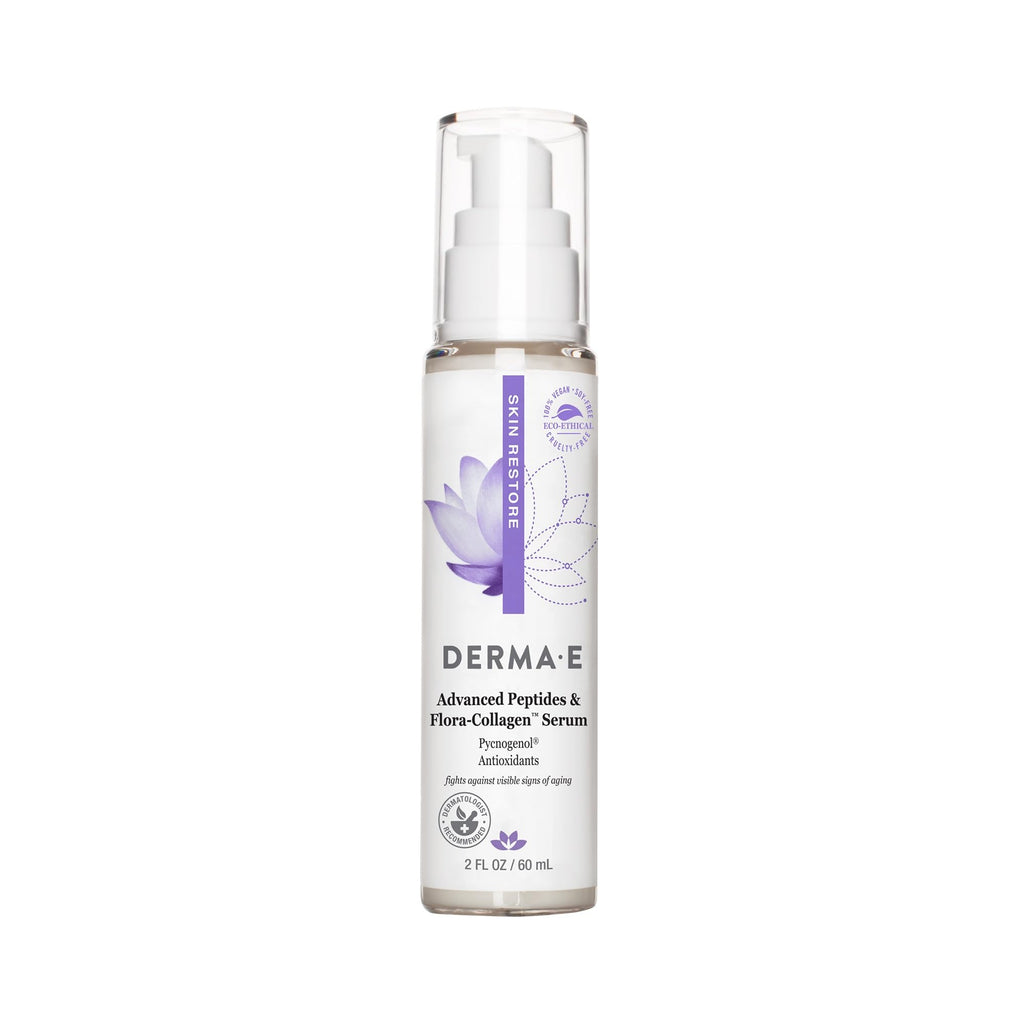 DERMA E Advanced Peptides and Vegan Flora-Collagen Serum – Double Action Collagen Face Cream with Peptide Complex – Intensely Hydrating Serum for Lines, Wrinkles and Redness, 2 oz