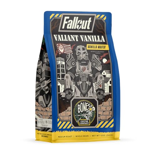 Bones Coffee Company Fallout Valiant Vanilla Flavored Coffee Beans, Whole Bean Coffee Medium Roast Low Acid, Vanilla Wafer Flavor (12 oz)