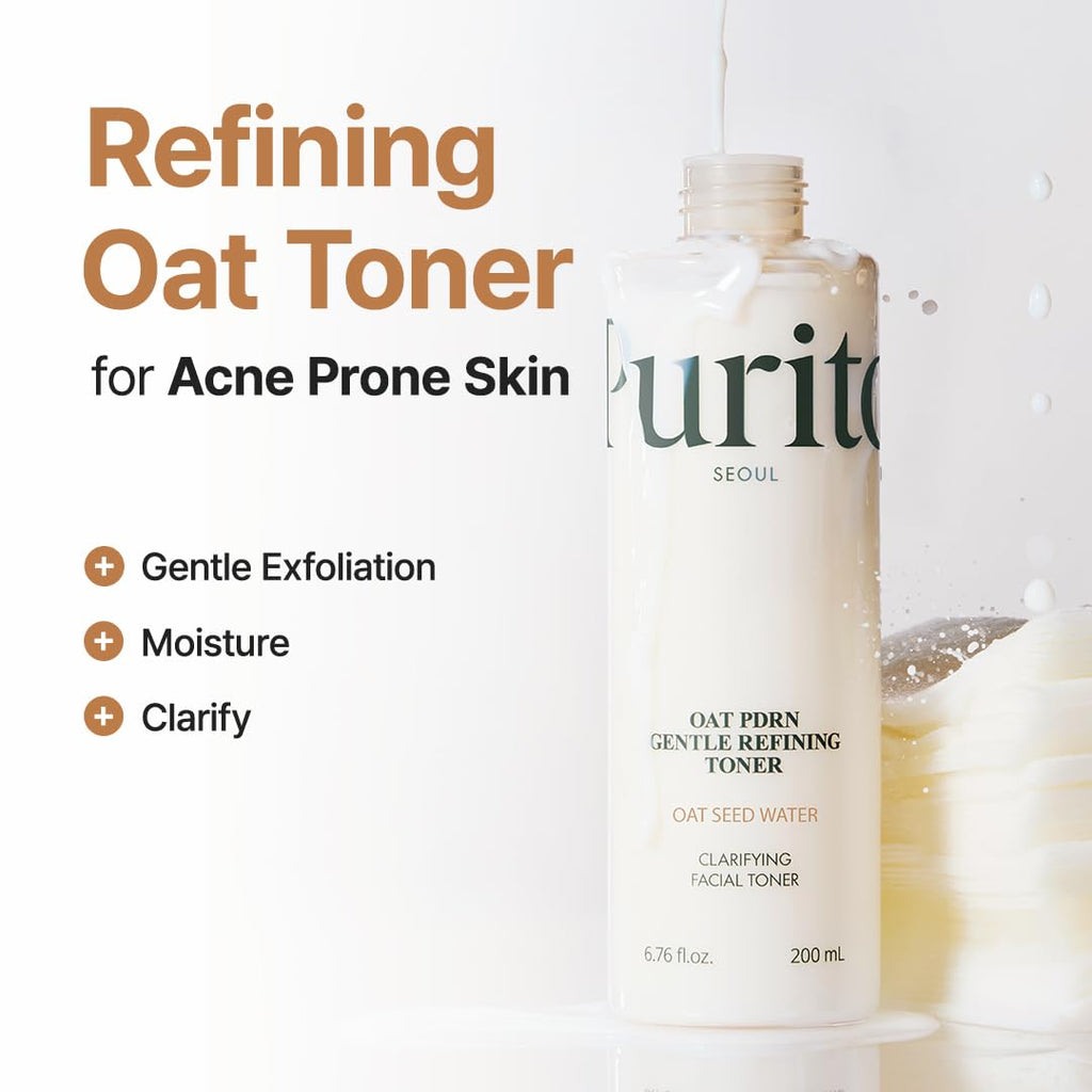 PURITO Oat PDRN Gentle Refining Toner 200 mL 6.76 fl.oz, Korean Oat Exfoliating Toner 99% Pure Oat PDRN, Hydrating & Clarifying Formula for Acne-Prone Skin, Vegan, Non-Comedogenic, Gentle Daily Use