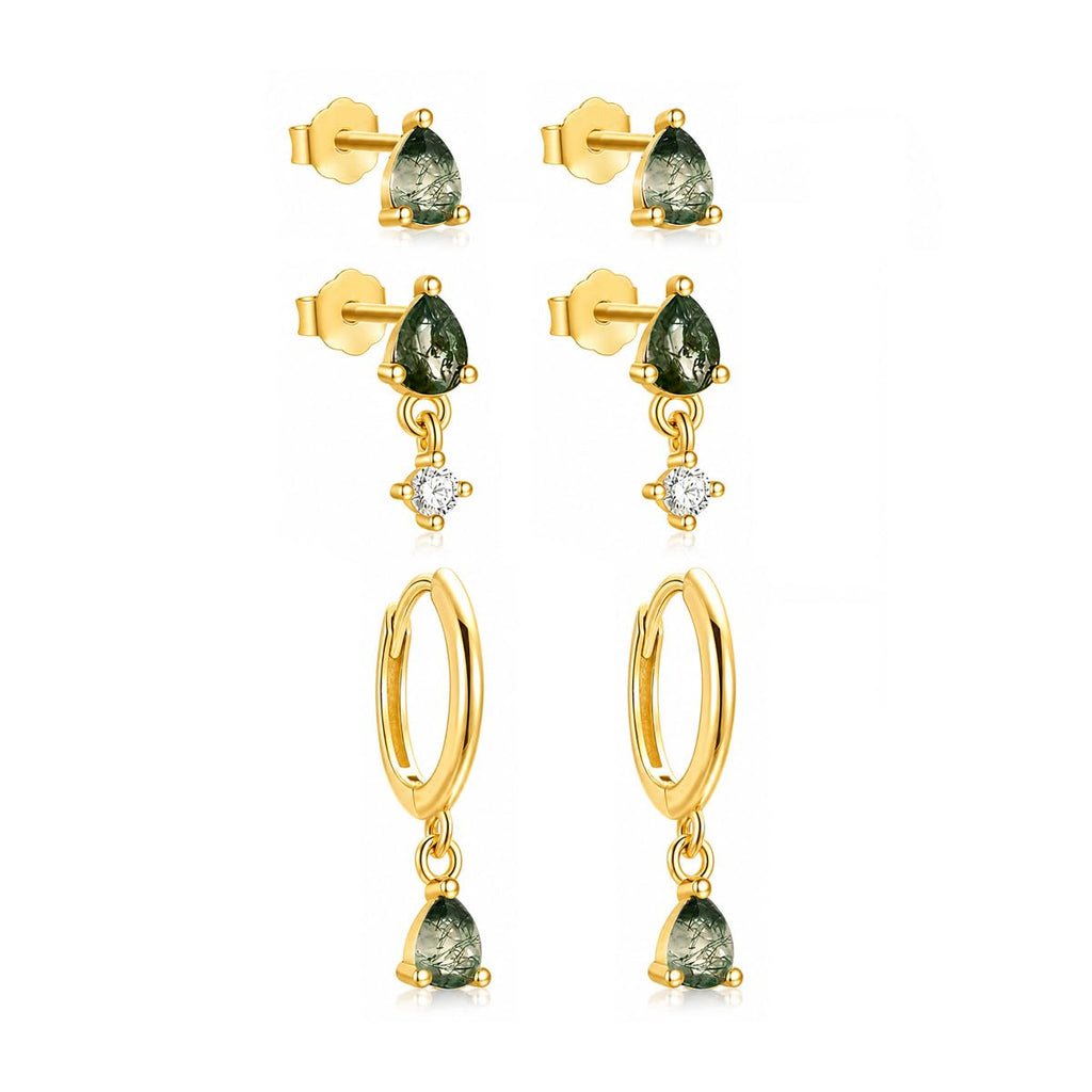 Moss Agate Gold Earrings for Women Set Stud Earring Stacks 14k Gold Plated Hypoallergenic Huggie Hoop Earrings Set Green Gemstone Dangle Earring Golden Jewelry Gifts For Women