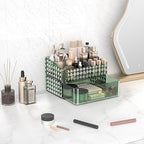 Makeup Organizer for Vanity, Stackable Cosmetics Organizer and Storage, Cosmetic Display Cases with 1 Drawers and 1 Tray for Makeup Brush, Hair Accessories, Lipstick and Jewelry, Green