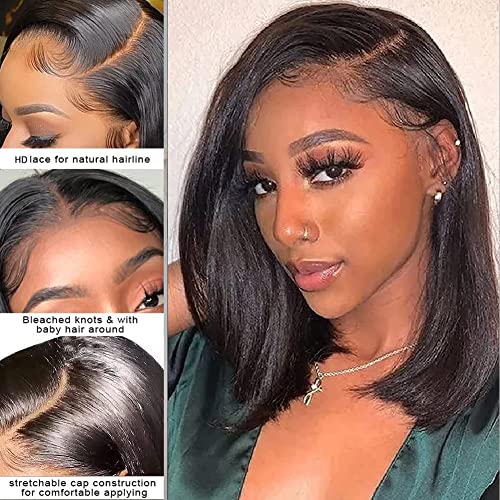 UCUVIC 14 Inch Brazilian Straight Bob Wig Human Hair HD Lace Front Wigs Pre Plucked Glueless Side Part Lace Frontal Bob Wigs 180 Density Ailwelia
