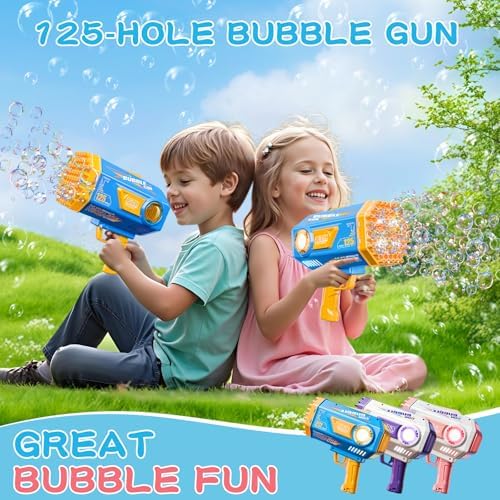 BOMOCO Bubble Gun, 125 Holes Bubble Machine Bubbles for Kids Age 3-12, Bubble Blaster Gun with Bubble Solution Summer Outdoor Bubble Toys Birthday Wedding Party Favors Bubble Maker Blower,Blue