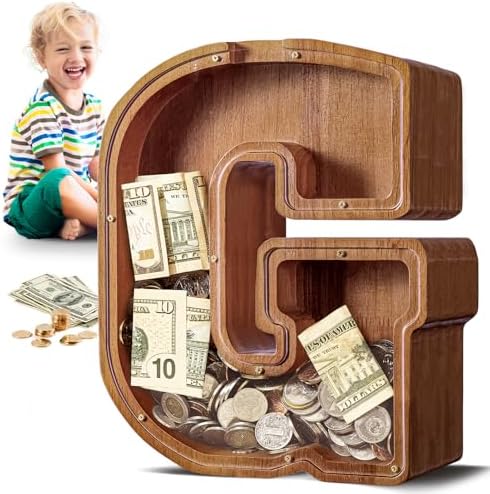 Summidate Large Wooden Piggy Bank for Kids Adults, Alphabets Letter A-Z Piggy Bank for Boys Girls, Coins Bills Change Bank Box Personalized Initial Name Kids Money Bank for Birthday Present and Decor