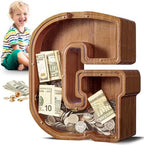 Summidate Large Wooden Piggy Bank for Kids Adults, Alphabets Letter A-Z Piggy Bank for Boys Girls, Coins Bills Change Bank Box Personalized Initial Name Kids Money Bank for Birthday Present and Decor