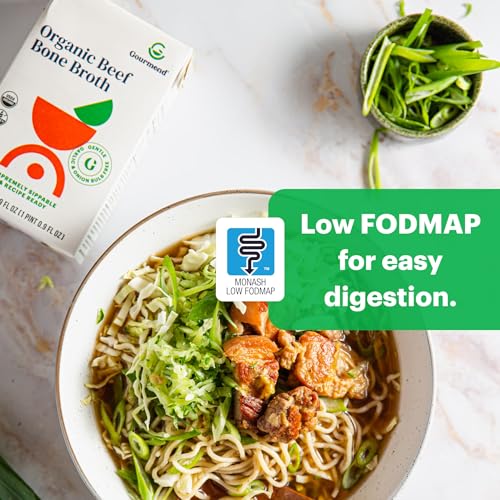 Organic Unsalted 16.9oz Beef Bone Broth from Gourmend Foods (12 Pack) – Just 10 Ingredients, Low FODMAP Certified, Filler Free, Gluten Free, Non-GMO, Onion & Garlic Bulb Free