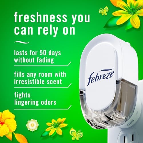 Febreze Plug In Air Freshener, Odor-Fighting Scented Oil Starter Kit, Air Fresheners for Home and Bathroom and Kitchen, Long Lasting for Strong Odors, Gain Original Scent, Warmer + 4 Refill