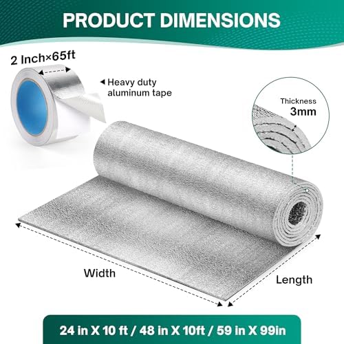 Window Insulation for Summer Heat, Reflective Insulation Roll 24 in X 10 Feet, Double-Sided Aluminum Foam Core Radiant Barrier Kit with Tape for RV Windows Door