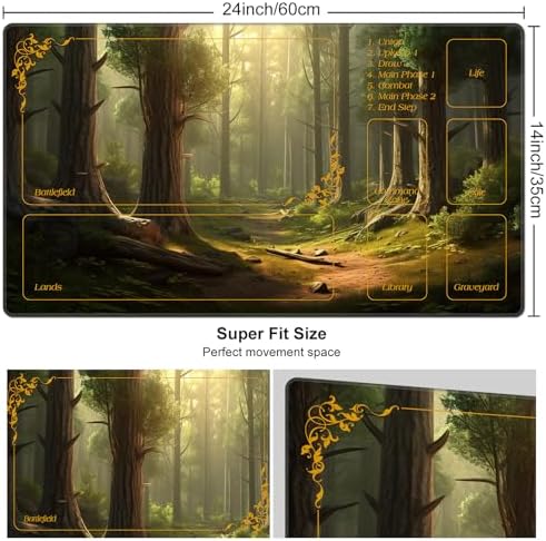 DEGDFSGR for TCG MTG Playmat with Zones 24 x 14 inches Non-Slip Rubber Base Commander Playmat for Magic The Gathering for Lorcana Trading Card Game, Sunshine Fairy Tale Forest
