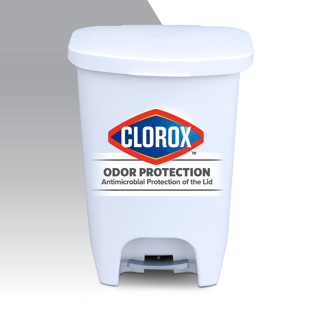 Glad 13 Gallon Trash Can with Clorox Odor Protection, 2 Pack | Plastic Kitchen Waste Bin | Hands Free with Step On Foot Pedal and Garbage Bag Rings, White