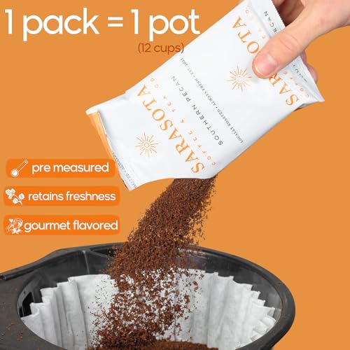 Sarasota Coffee Ground Packets | Gourmet Flavored Medium Roast Bulk Coffee Packs | Southern Texas Butter Pecan | Low Acid Mold Free Individual Pouches for 12 Cup Coffee Maker | 2 Ounce Bags, 36 Count