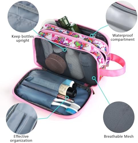 Kids Toiletry Bag for Girls, Travel Toiletry Bag for Little Young Girls Cosmetic Bag Makeup Bag Waterproof Hanging Wash Bag Toddler Toiletries, Butterfly Pink