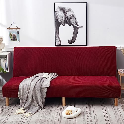 OQHAIR Armless Futon Cover Stretch Jacquard Sofa Slipcover Textured Small Checks Couch Cover Furniture Protector Machine Washable -Wine red-3Seater