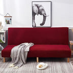 OQHAIR Armless Futon Cover Stretch Jacquard Sofa Slipcover Textured Small Checks Couch Cover Furniture Protector Machine Washable -Wine red-3Seater