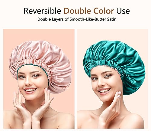 mikimini Satin Bonnet Silk Bonnet for Women Curly Hair, Reversible Double-Layer Sleeping Hair Bonnet Extra Large Stretchy Sleep Hair Cap (Green+Pink)