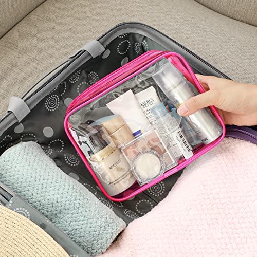 F-color 3 Pack Toiletry Bags for Travel - TSA Approved Clear Quart Size Cosmetic Bag, Matte Rose Red