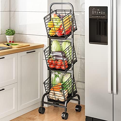 3-Tier Fruit Basket Stand for Kitchen, Wire Market Basket Food Storage Stand with Wheels, Vegetable Produce Pantry Basket Organizer