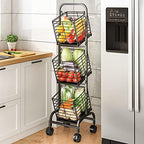 3-Tier Fruit Basket Stand for Kitchen, Wire Market Basket Food Storage Stand with Wheels, Vegetable Produce Pantry Basket Organizer