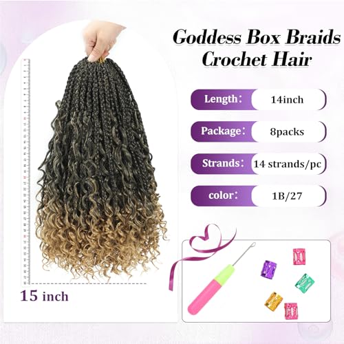 Goddess Box Braids Crochet Hair For Women-14 Inch 8 pack Pre Looped Boho Crochet Braids Short Prelooped Bohemian Boho Box Braids Crochet Hair With Curly Ends Ombre Crochet Braid Hair（14in,#1b/27）