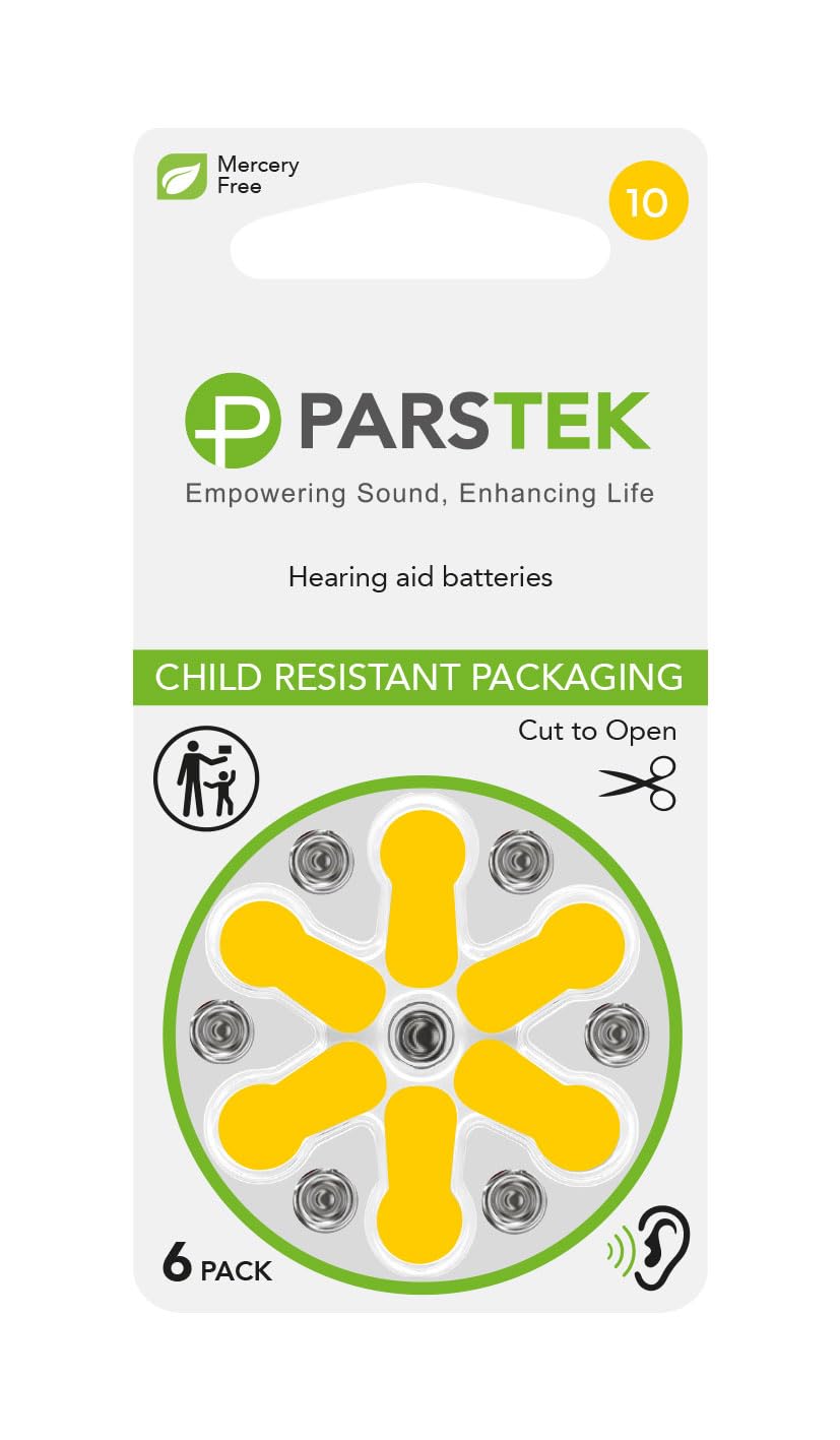 ParsTek Hearing Aid Batteries | Size 10 | Zinc-Air & Mercury Free | Long Lasting | Child Resistant Packaging | 1.45V | 60 Batteries