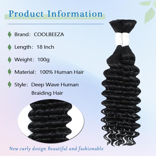 Human Braiding Hair 18 Inch Deep Water Wave Bulk Human Hair for Braiding 12A Brazilian Virgin Curly Hair for Boho Braids Wet and Wavy No Weft 2 Bundles 100g Hair Extensions