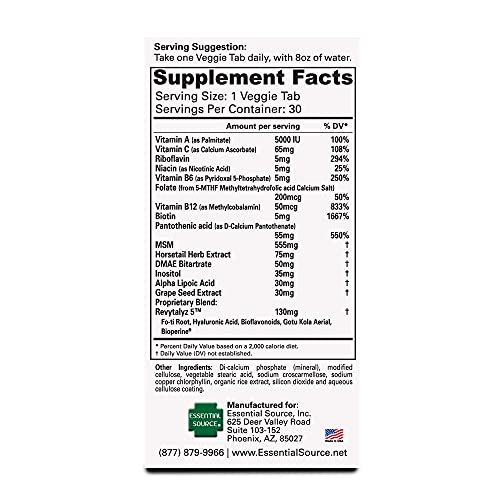 Essential Source Bonita V Vegan Hair Nails and Skin Vitamins for Women - 20 Active Ingredients Including Biotin & Revytalyz 5 - Stronger Nails, Healthy Skin, Hair Growth Vitamins - 30 Veggie Tablets
