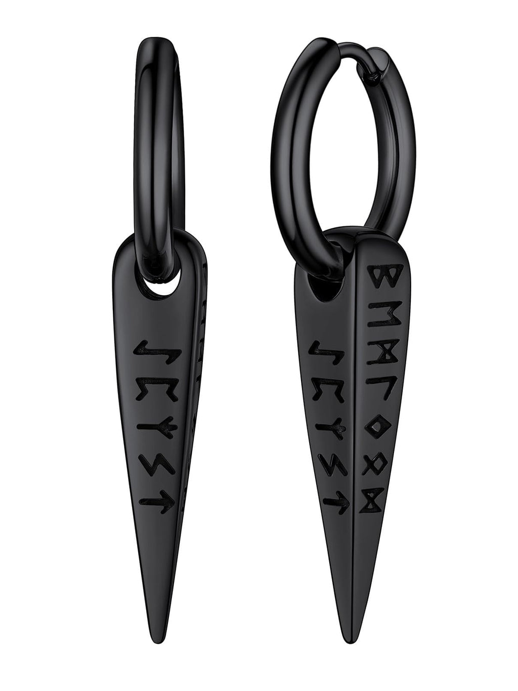 FaithHeart Viking Runes Spike Dangle Huggie Hoop Earrings for Men Black