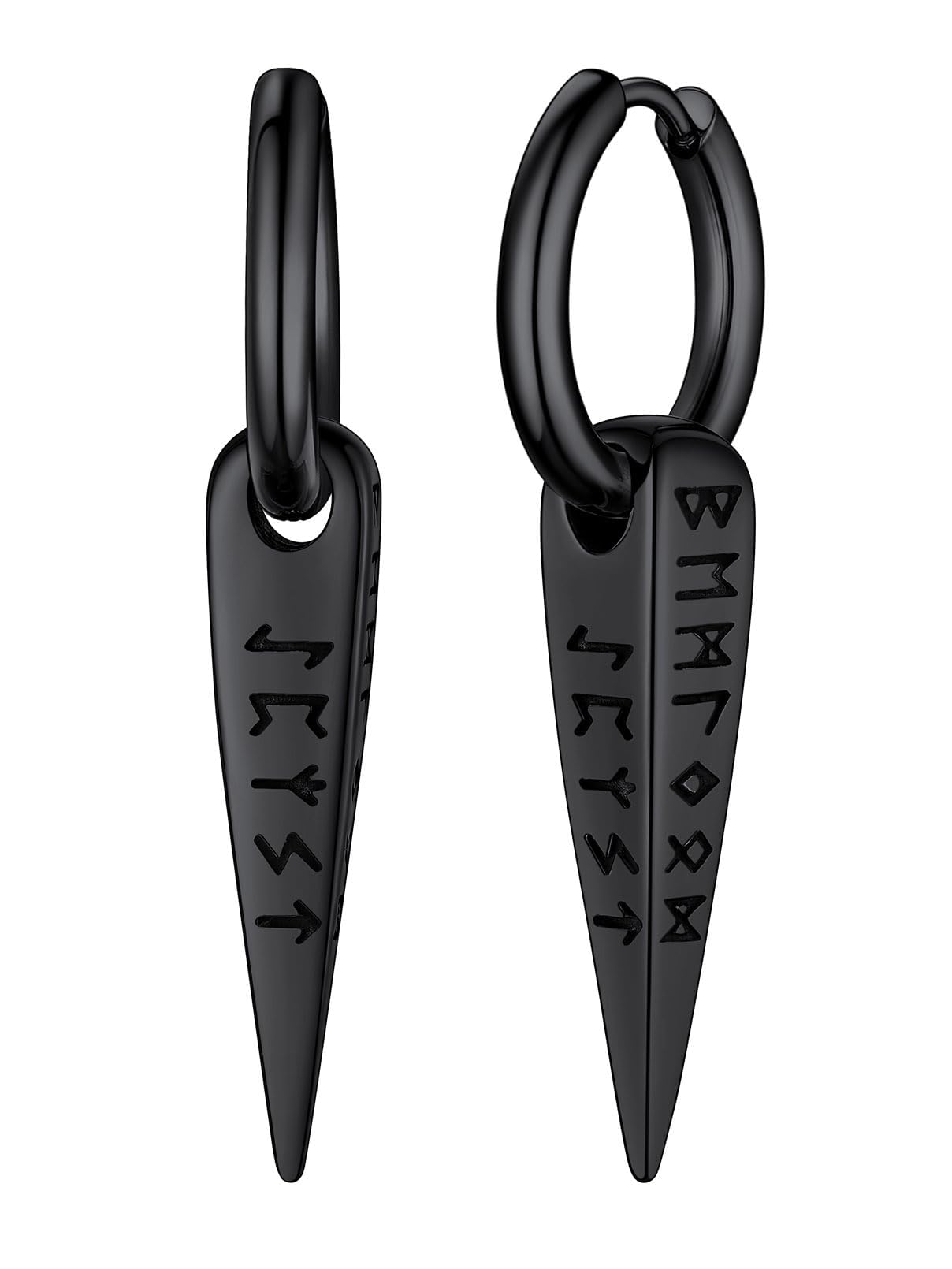 FaithHeart Viking Runes Spike Dangle Huggie Hoop Earrings for Men Black